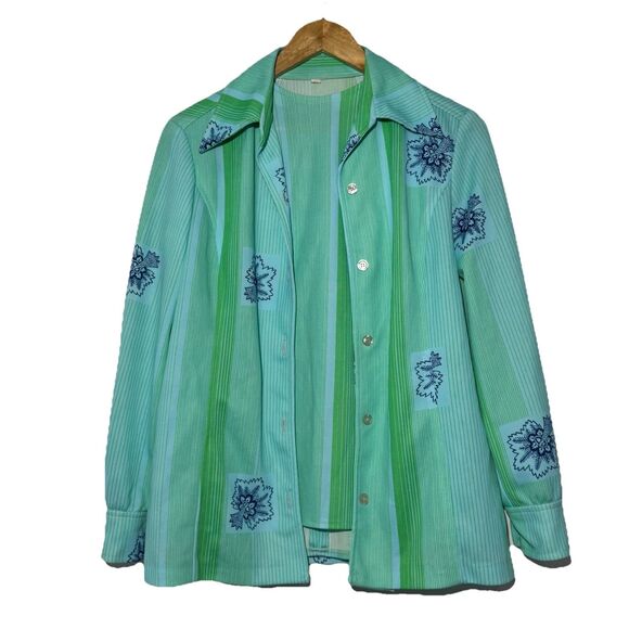 VINTAGE 70’s ALEX GARAY 2- Piece Blouse Set Polyester Blue Green Stripe Size 16 - Picture 1 of 12